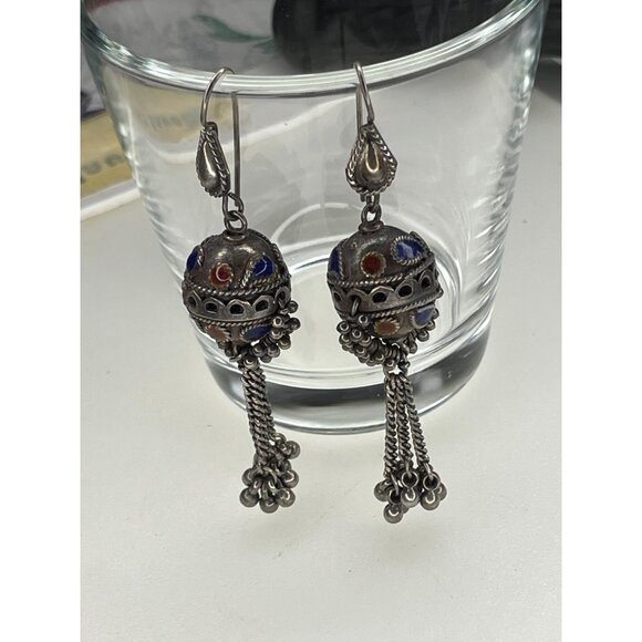 Fabulous Older Vintage Silver & Enamel Morrocan Berber Earrings - Picture 4 of 12